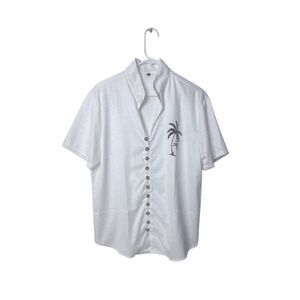 White Button-Up Shirt With Palm Tree Embroidery